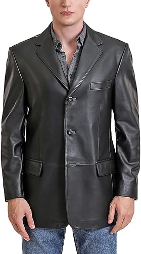Solid Black Formal Slim-Fit Genuine Sheepskin Leather Coat For Men