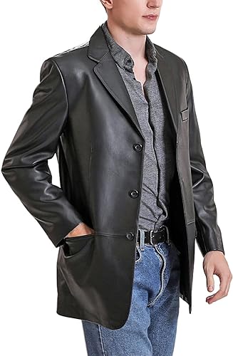 Solid Black Formal Slim-Fit Genuine Sheepskin Leather Coat For Men