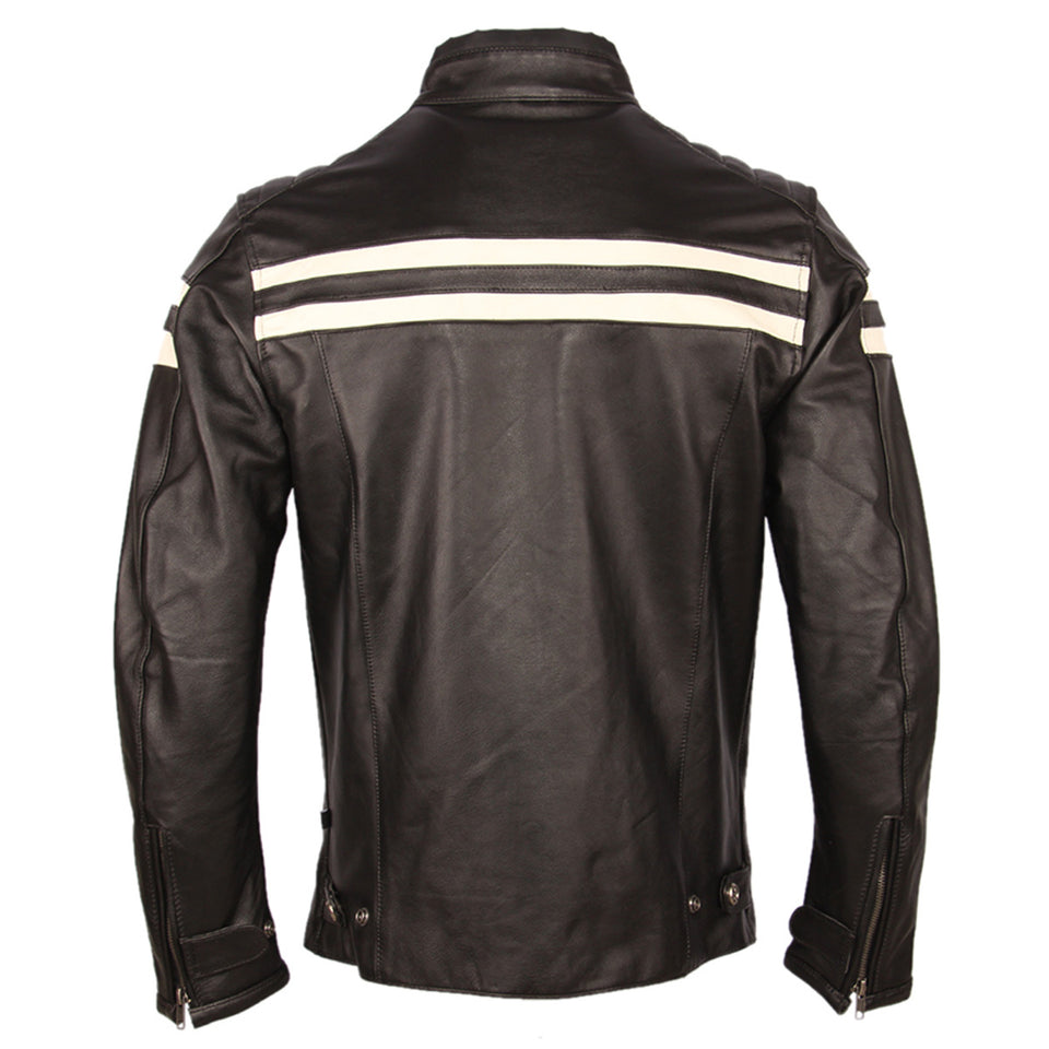 Black Cafe Racer White Stripped Pure Sheepskin Leather Jacket For Men