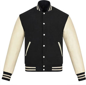 Black Genuine Lambskin Varsity Rib-Knitted Leather Jacket For Men