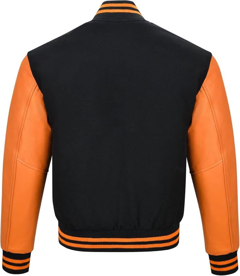 Black Genuine Lambskin Varsity Rib-Knitted Leather Jacket For Men