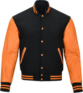 Black Genuine Lambskin Varsity Rib-Knitted Leather Jacket For Men