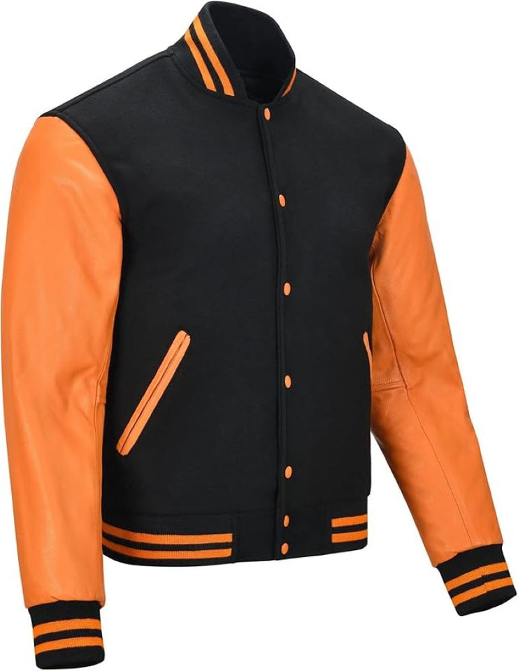 Black Genuine Lambskin Varsity Rib-Knitted Leather Jacket For Men