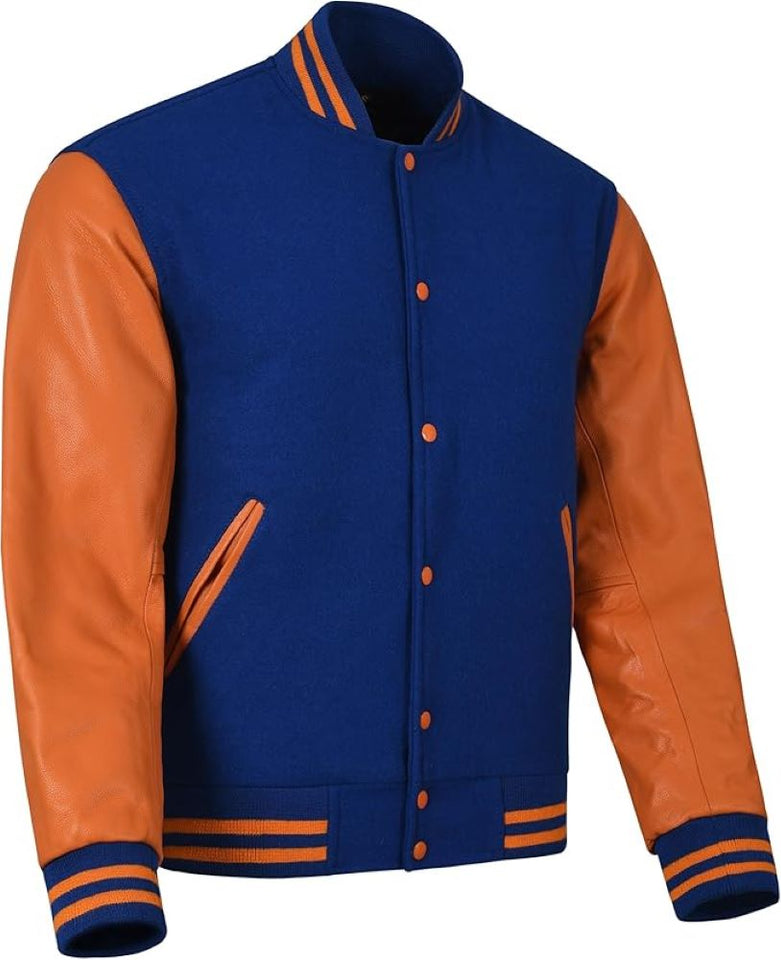 Black Genuine Lambskin Varsity Rib-Knitted Leather Jacket For Men