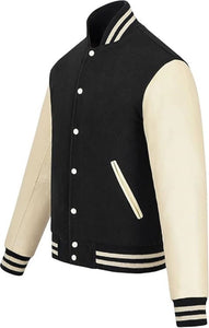 Black Genuine Lambskin Varsity Rib-Knitted Leather Jacket For Men