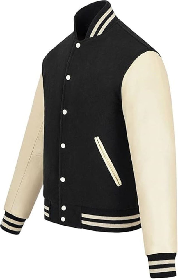 Black Genuine Lambskin Varsity Rib-Knitted Leather Jacket For Men