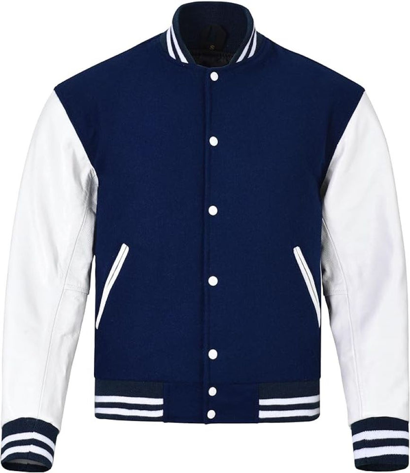 Black Genuine Lambskin Varsity Rib-Knitted Leather Jacket For Men