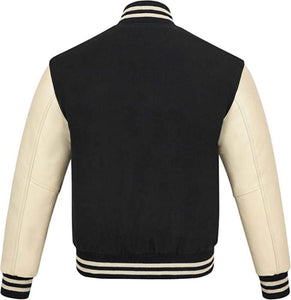 Black Genuine Lambskin Varsity Rib-Knitted Leather Jacket For Men