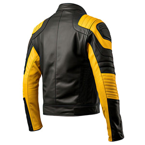 Winter Yellow Black Pure Lambskin Quilted Racer Leather Jacket For Men