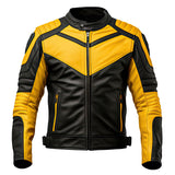 Winter Yellow Black Pure Lambskin Quilted Racer Leather Jacket For Men