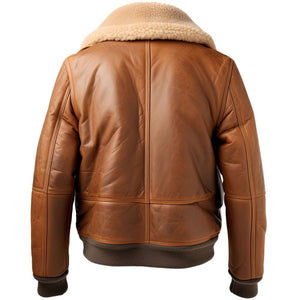 Brown Faux Shearling Fur Bomber Pure Sheepskin Leather Jacket For Men