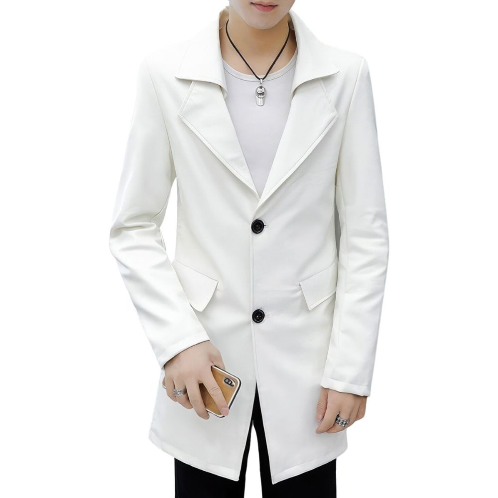 White Single-breasted Pure Sheepskin Trench Leather Long Coat For Men