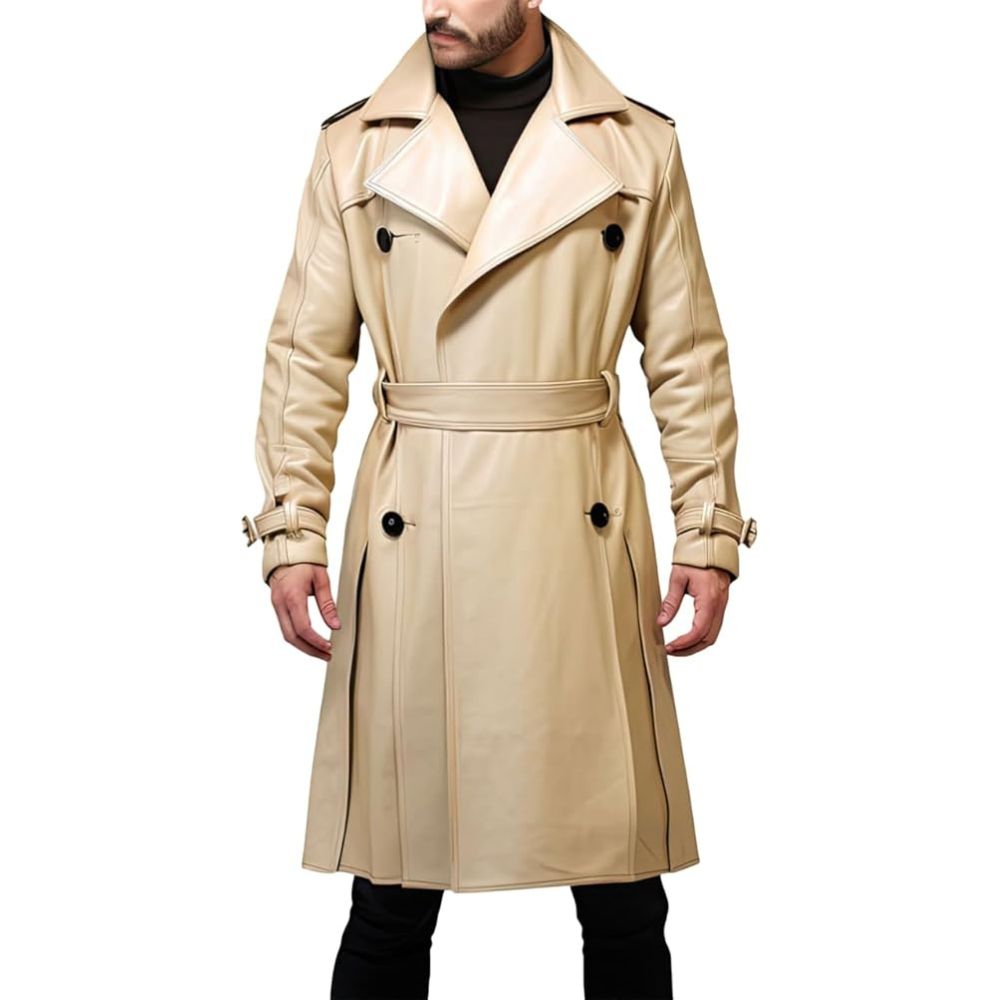 Beige Brown Versatile Sheepskin Fit  Long Trench Leather Coat For Men