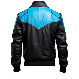 Black Blue Pure Sheepskin Quilted Bomber Biker Leather Jacket For Men