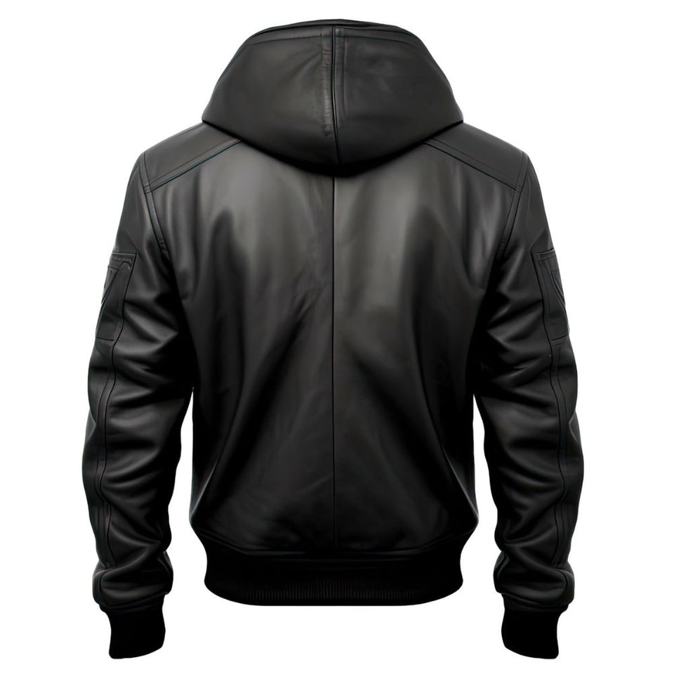 Winter Black Bomber Hooded Biker Pure Cowhide Leather Jacket For Men