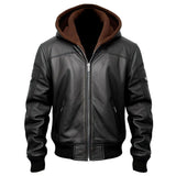 Winter Black Bomber Hooded Biker Pure Cowhide Leather Jacket For Men