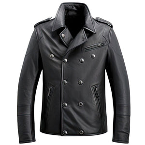 Classic Black Double Breasted Premium Sheepskin Leather Coat For Men