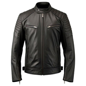 Black Genuine Sheepskin Quilted Style Motorcycle Leather Jacket For Men