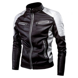 Black Moto-Racer Stand-up Collar Pure Sheepskin Leather Jacket For Men