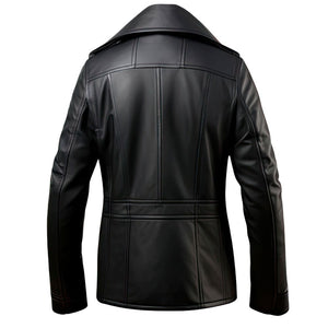 Black Windbreaker Genuine Cowhide Leather Mid-Length Pea Coat For Men