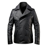 Black Windbreaker Genuine Cowhide Leather Mid-Length Pea Coat For Men