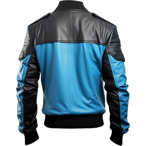 Winter Blue Black Bomber Pure Sheepskin Biker Leather Jacket For Men