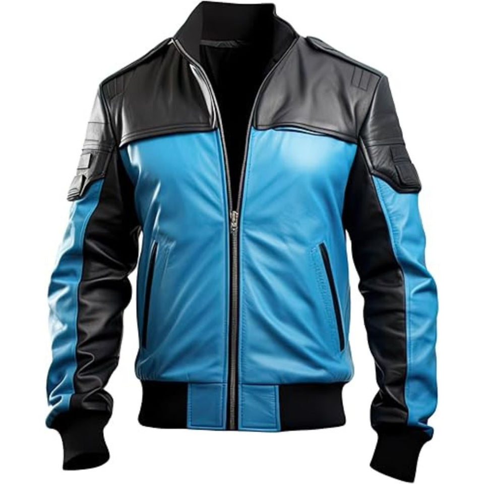 Winter Blue Black Bomber Pure Sheepskin Biker Leather Jacket For Men