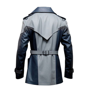 Blue Crossover Lapel Collar Pure Sheepskin Leather Trench Coat For Men