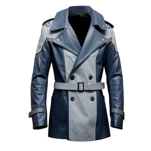 Blue Crossover Lapel Collar Pure Sheepskin Leather Trench Coat For Men