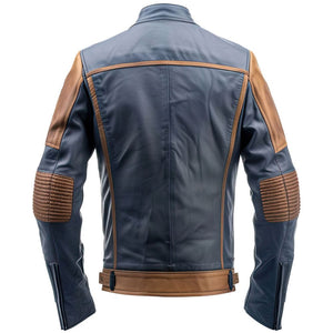 Navy Blue Motorcycle Quilted Genuine Sheepskin Leather Jacket For Men