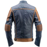 Navy Blue Motorcycle Quilted Genuine Sheepskin Leather Jacket For Men