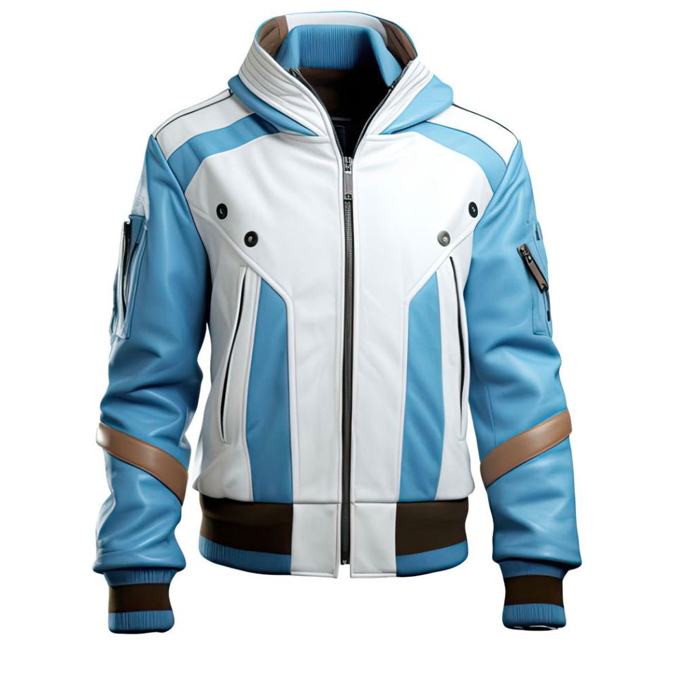 Blue-White Genuine Sheepskin Bomber Motorcycle Leather Jacket For Men