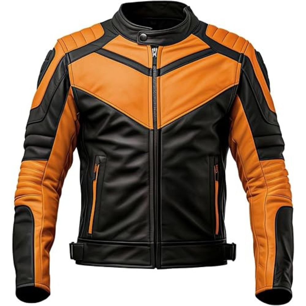 Bold Black Orange Contrasted Pure Sheepskin Motorcycle Jacket For Men