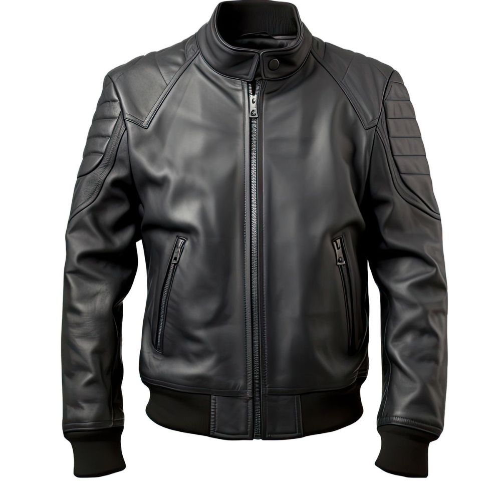 Bomber Black Pure Sheepskin Windbreaker Biker Leather Jacket For Men