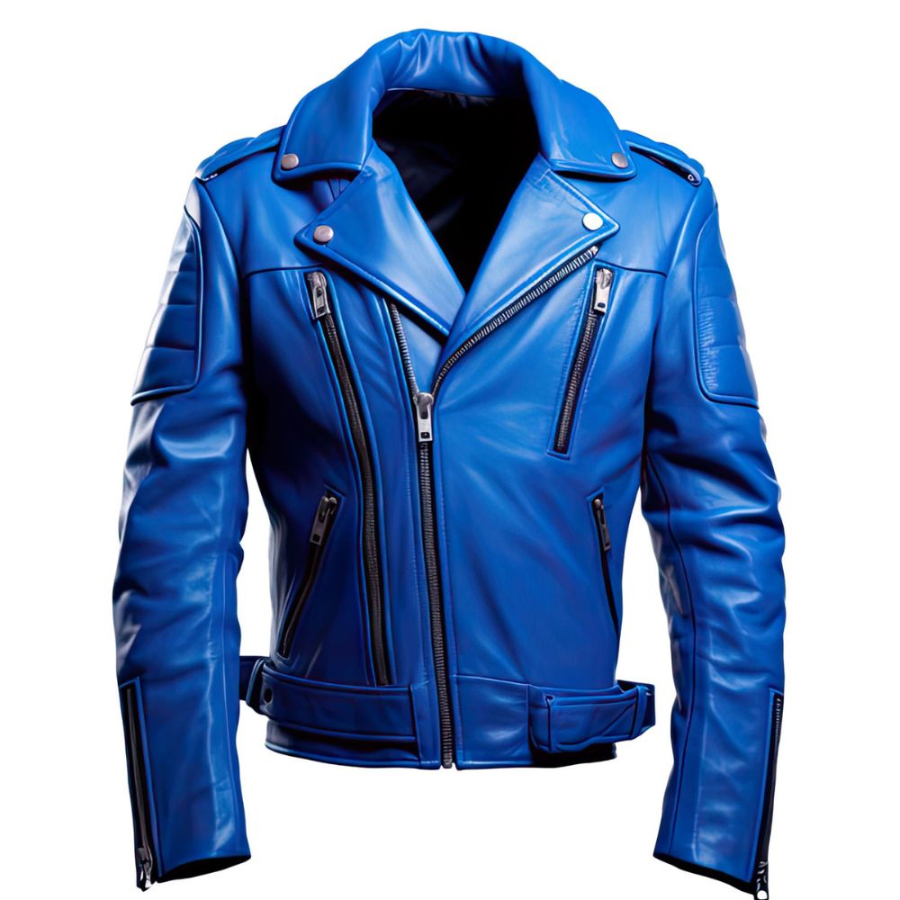 Royal-Blue Moto Sheepskin Asymmetric Motorcycle Leather Jacket For Men