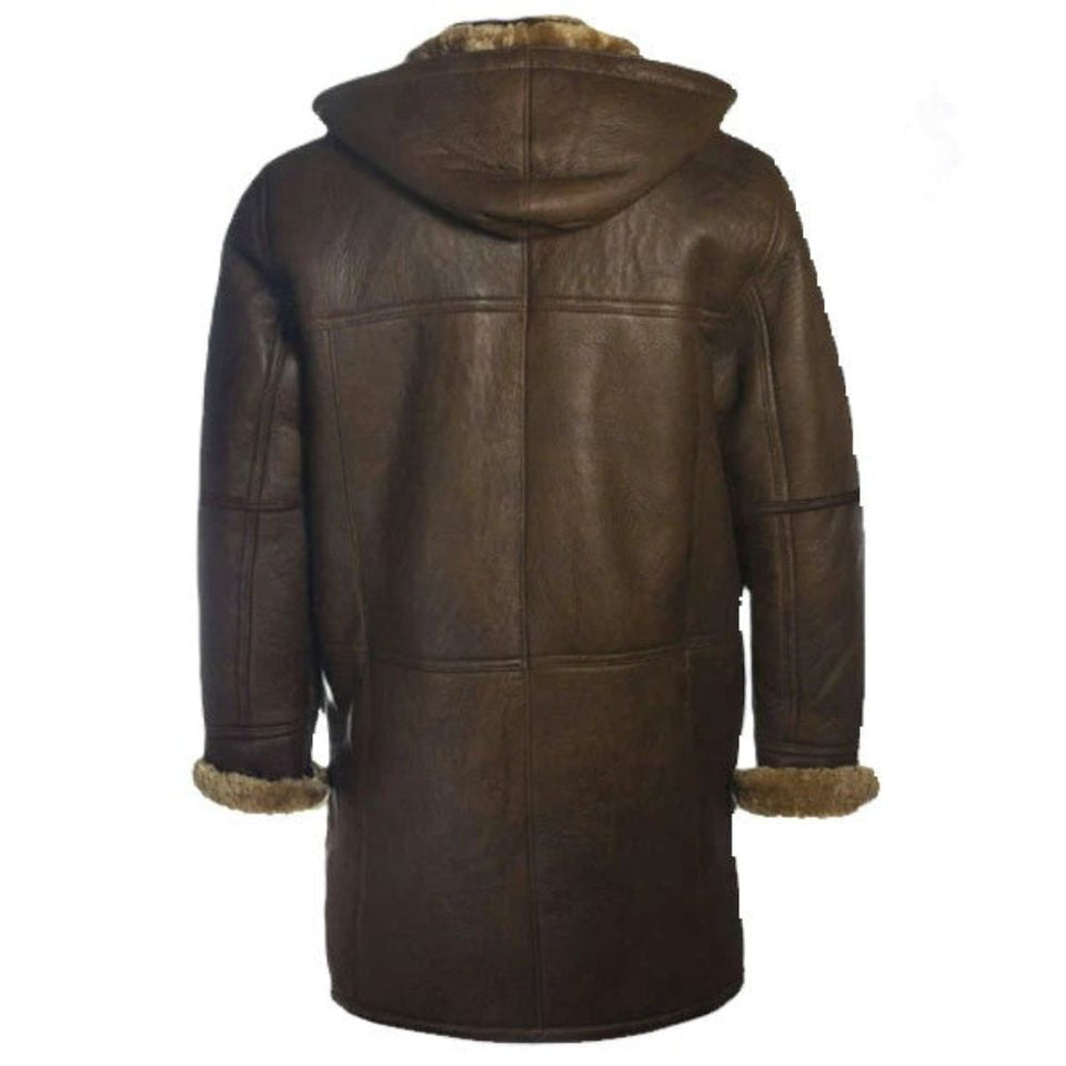 Brown Hooded Shearling Genuine Sheepskin Leather Duffel Coat For Men