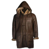 Brown Hooded Shearling Genuine Sheepskin Leather Duffel Coat For Men