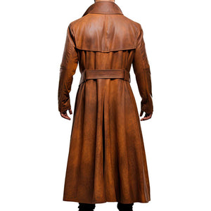 Distressed Brown Fitted Trench Premium Sheepskin Leather Coat For Men