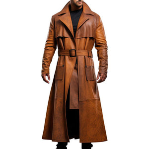 Distressed Brown Fitted Trench Premium Sheepskin Leather Coat For Men