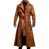Distressed Brown Fitted Trench Premium Sheepskin Leather Coat For Men
