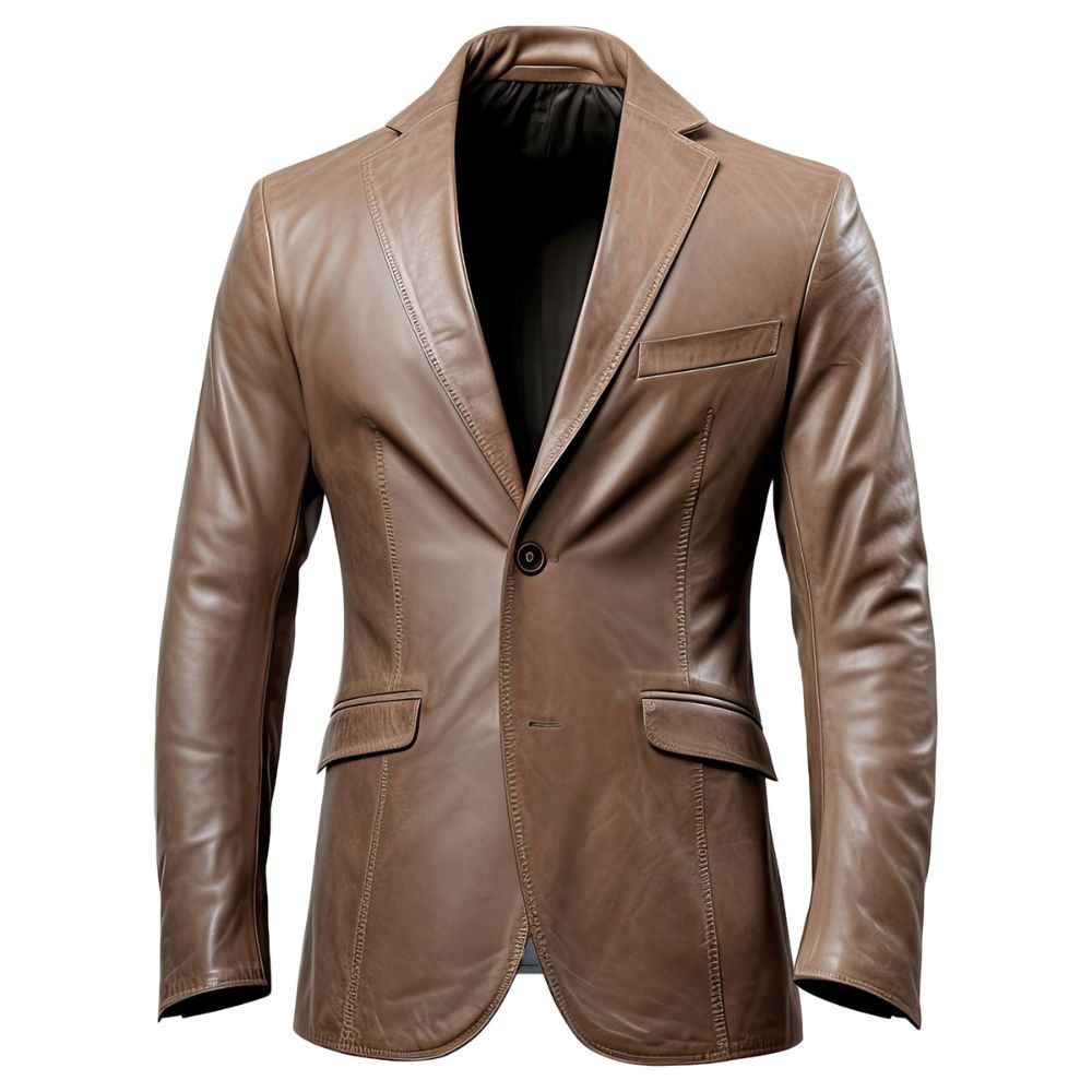 Brown Notch Collar Two-Button Formal Premium Leather Blazer For Men