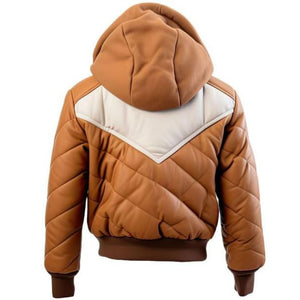 Brown Genuine Sheepskin Quilted Hooded Bomber Leather Jacket For Men