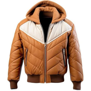 Brown Genuine Sheepskin Quilted Hooded Bomber Leather Jacket For Men