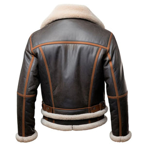 Brown Faux Shearling Fur Aviator Pure Sheepskin Leather Jacket For Men