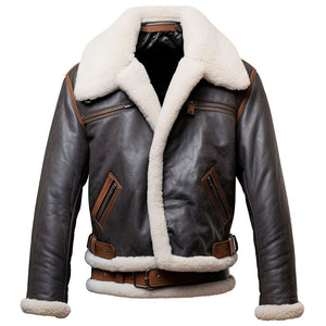 Brown Faux Shearling Fur Aviator Pure Sheepskin Leather Jacket For Men