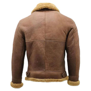 Brown Faux Shearling Fur Bomber Pure Sheepskin Leather Jacket For Men