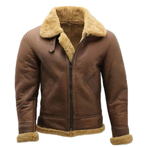 Brown Faux Shearling Fur Bomber Pure Sheepskin Leather Jacket For Men