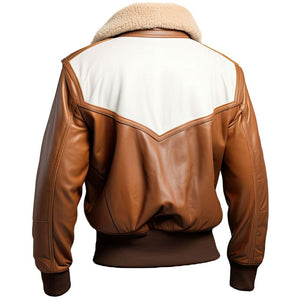 Brown White Panels Aviator B3-Bomber Sheepskin Leather Jacket For Men