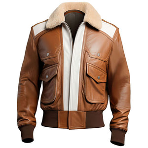 Brown White Panels Aviator B3-Bomber Sheepskin Leather Jacket For Men