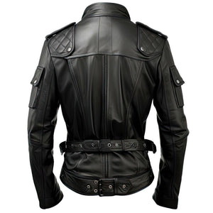 Black Biker Stand-up Collar Genuine Sheepskin Leather Jacket For Men